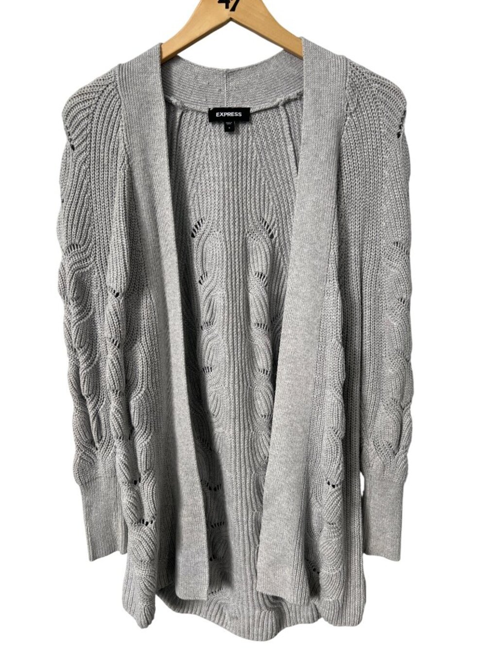 Express Cardigan Sweater Small Cable Knit Open Front Gray Cozy Lounge Relaxed